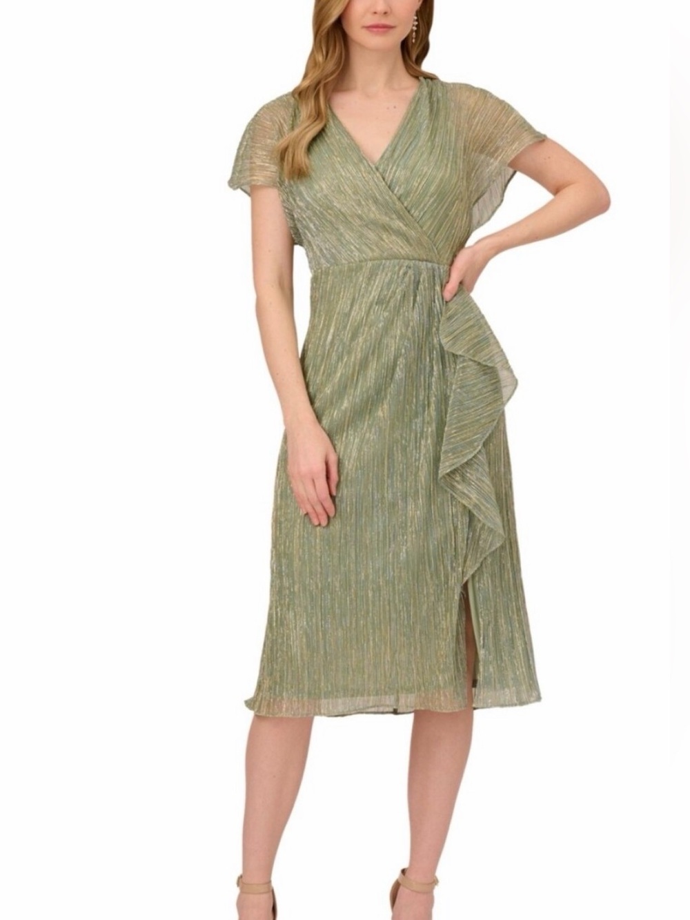 Adrianna Papell Green Slate Metallic Crinkle Ruffle Faux Wrap Midi Dress 4